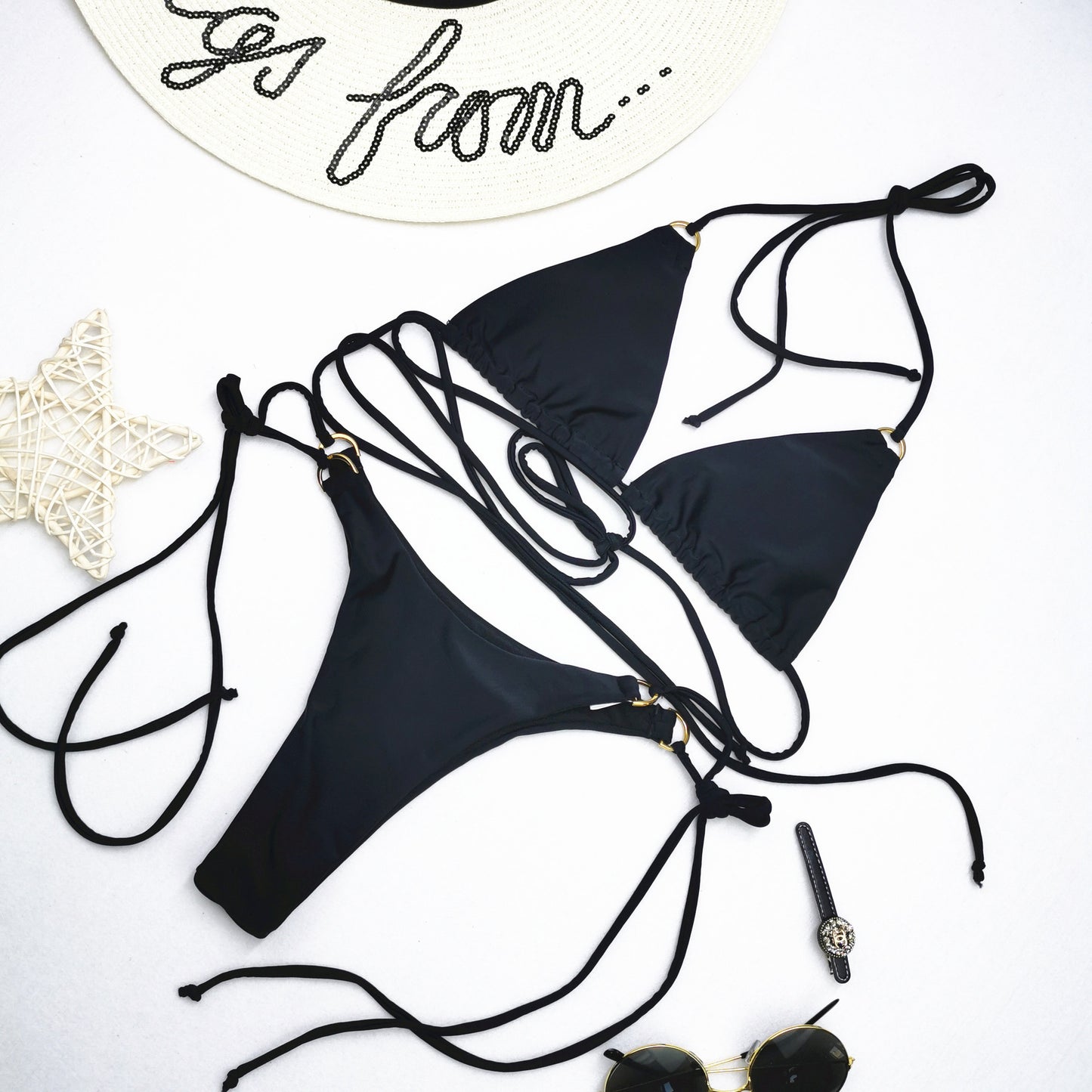 Ring Linked Triangle Tie Side Bikini Swimsuit