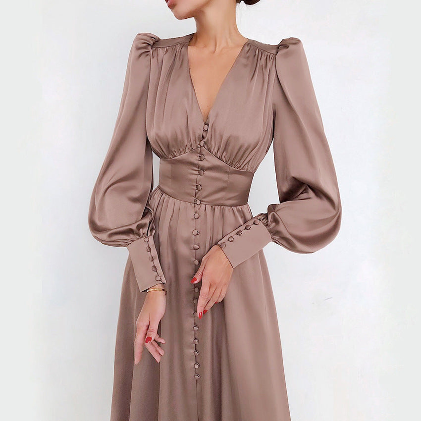 Satin Balloon Sleeve Wrap Dress