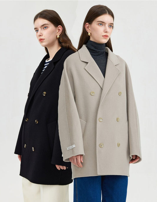Women's loose double-breasted mid-length wool coat