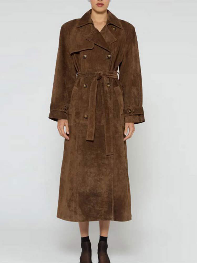 Women's Brown Belted Waist Elegant Double-Breasted Long Coat