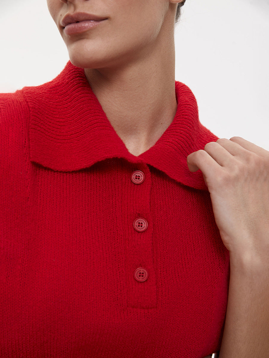 Women’s Spring Summer Mohair Knit T-Shirt Sweater – Short Puff Sleeve Polo Collar Lightweight Top