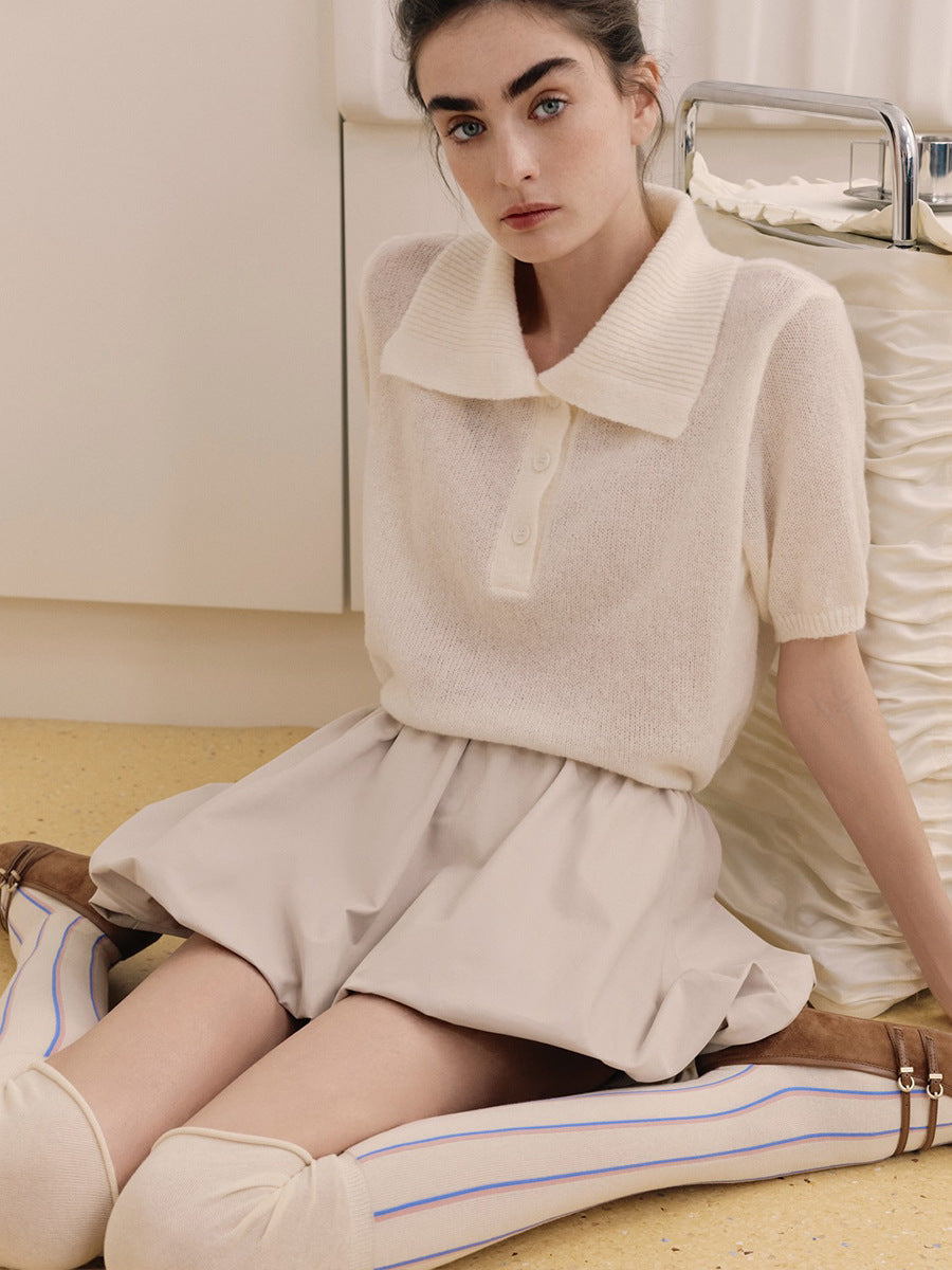 Women’s Spring Summer Mohair Knit T-Shirt Sweater – Short Puff Sleeve Polo Collar Lightweight Top