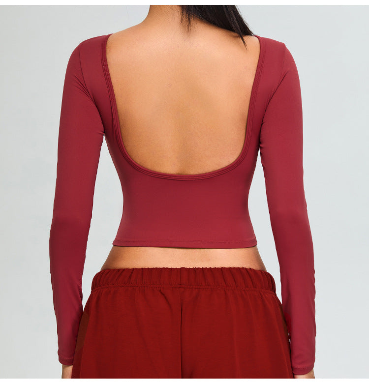 Women's long-sleeved open-back fitness T-shirt