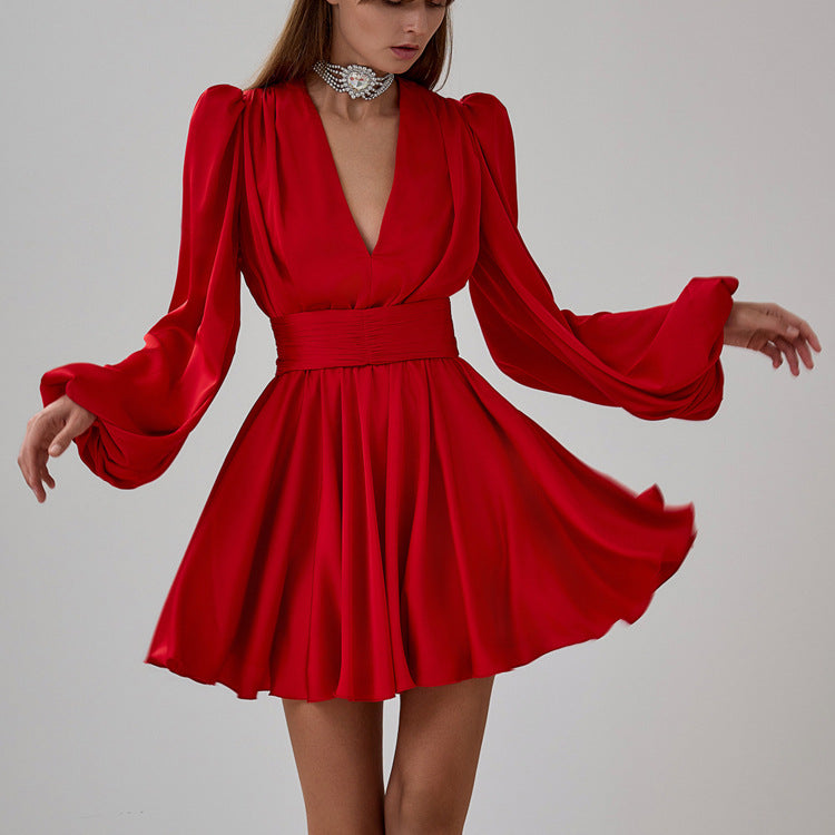 Women's Red Satin French-Style Puff Sleeve V-Neck Pleated A-Line Dress