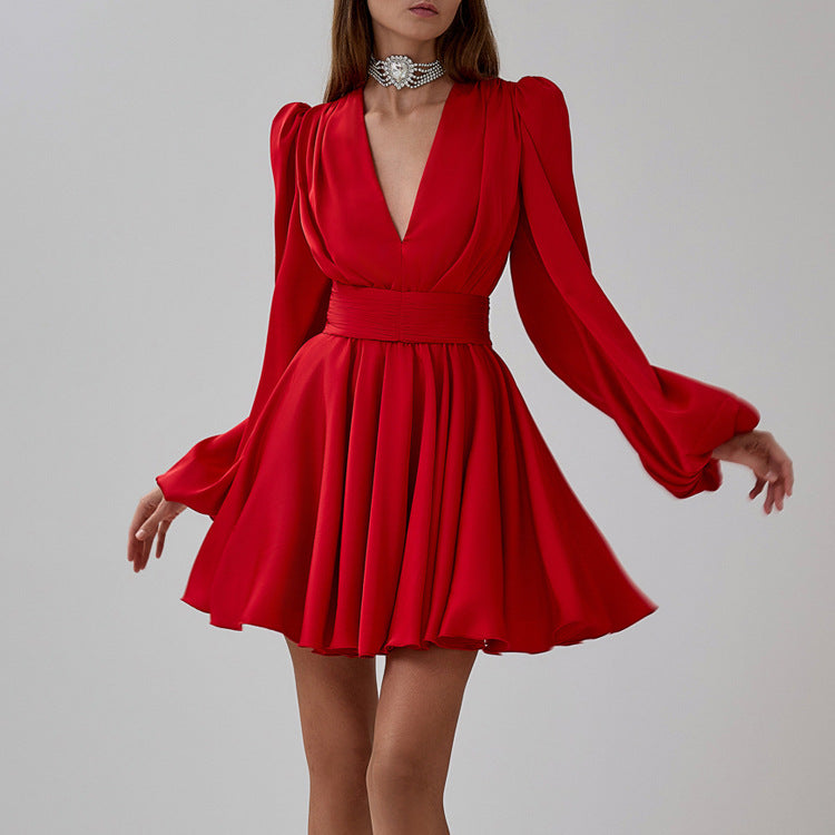 Women's Red Satin French-Style Puff Sleeve V-Neck Pleated A-Line Dress