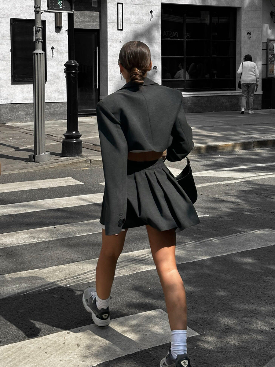 Fashion Sexy Blazer Mini Skirt Set, Shoulder Pad Blazer + Ultra-Short Pleated Skirt