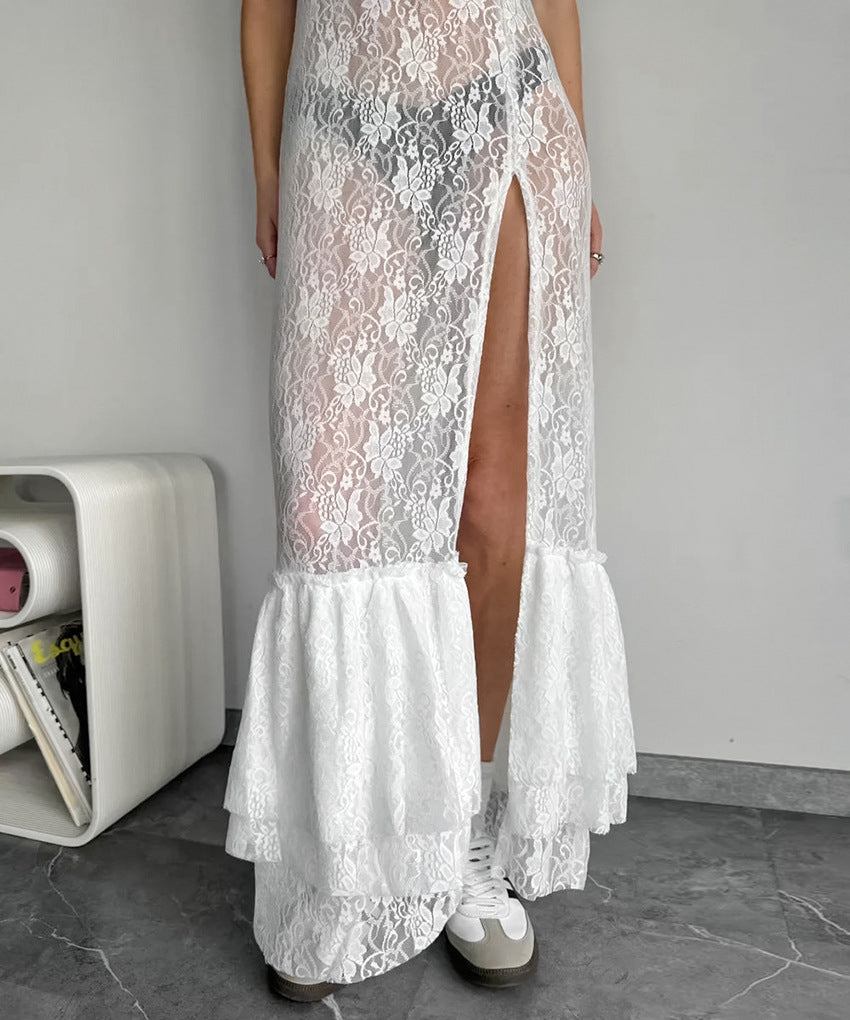 Women's Sexy Black Lace Hollow Out See-Through Camisole Long Dress