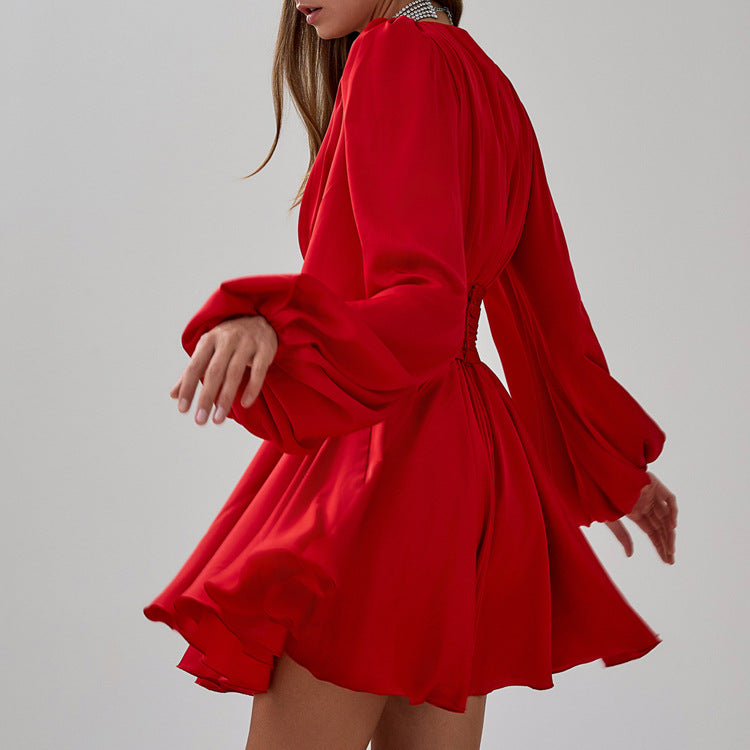 Women's Red Satin French-Style Puff Sleeve V-Neck Pleated A-Line Dress