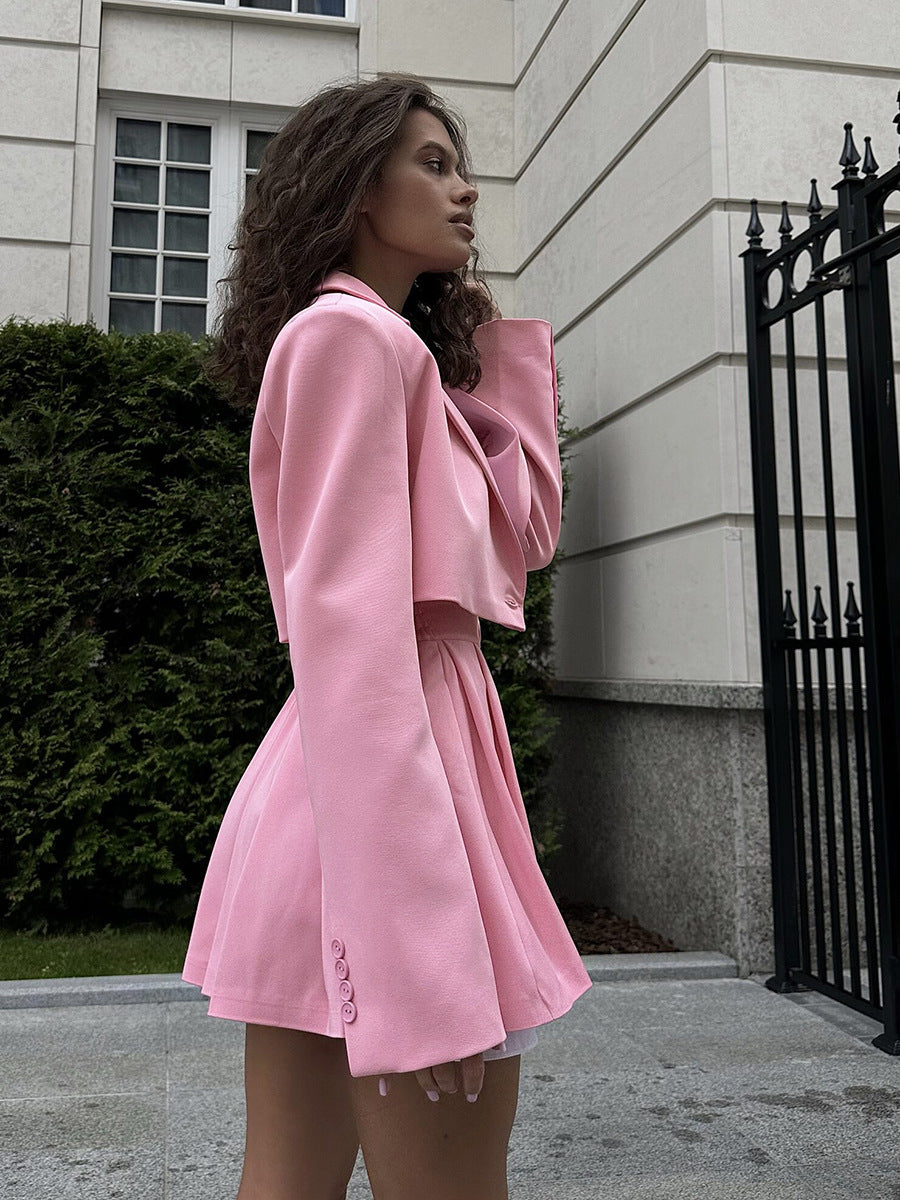 Fashion Sexy Blazer Mini Skirt Set, Shoulder Pad Blazer + Ultra-Short Pleated Skirt