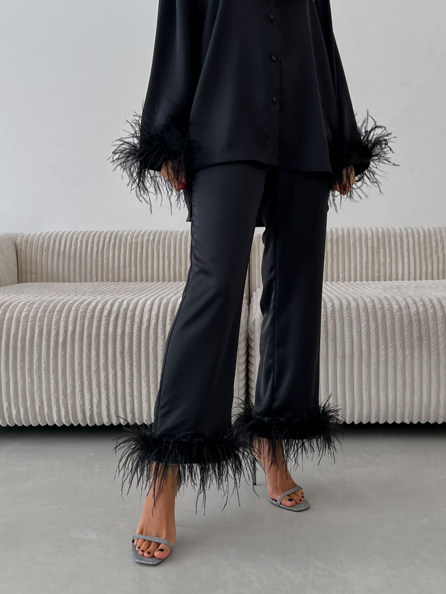 Fashion Ostrich Feather Pajama Set