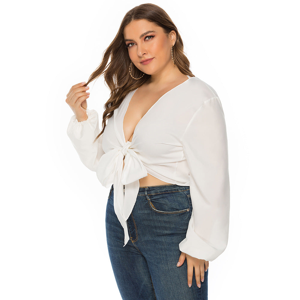 Plus Lantern Sleeve Tie Front Crop Top