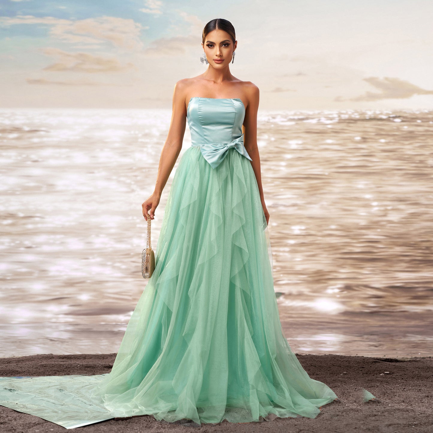 Women's advanced chest-wrapped slim waist green large skirt mesh evening dress