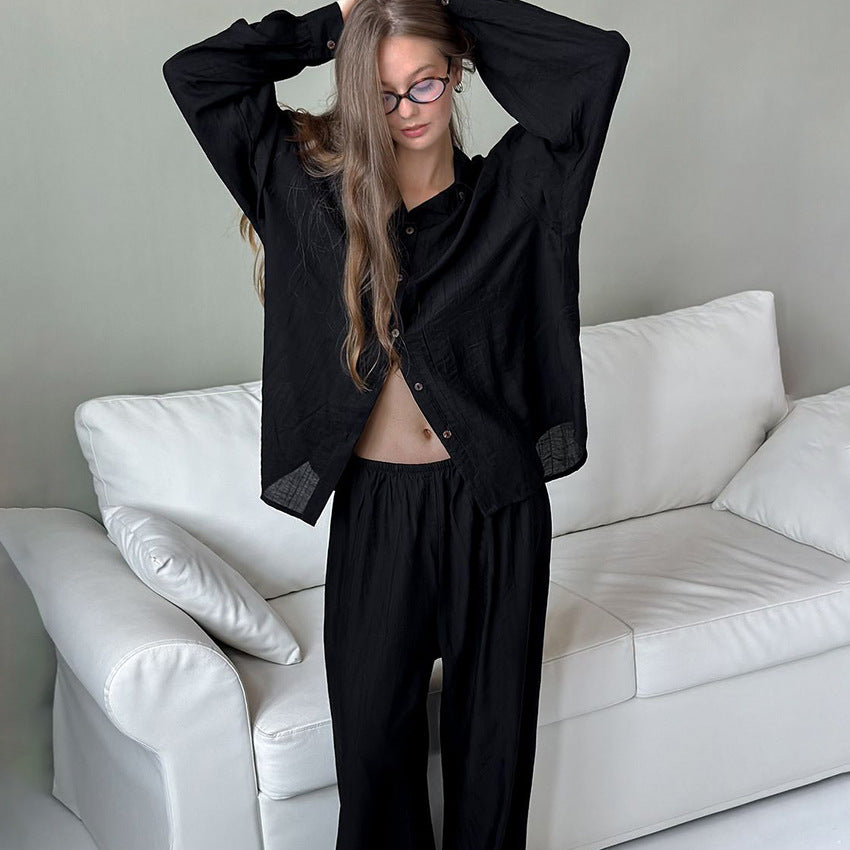Women's Autumn Long Sleeve Pajama Set – Loose Fit Button-Up Lounge Set with Long Pants