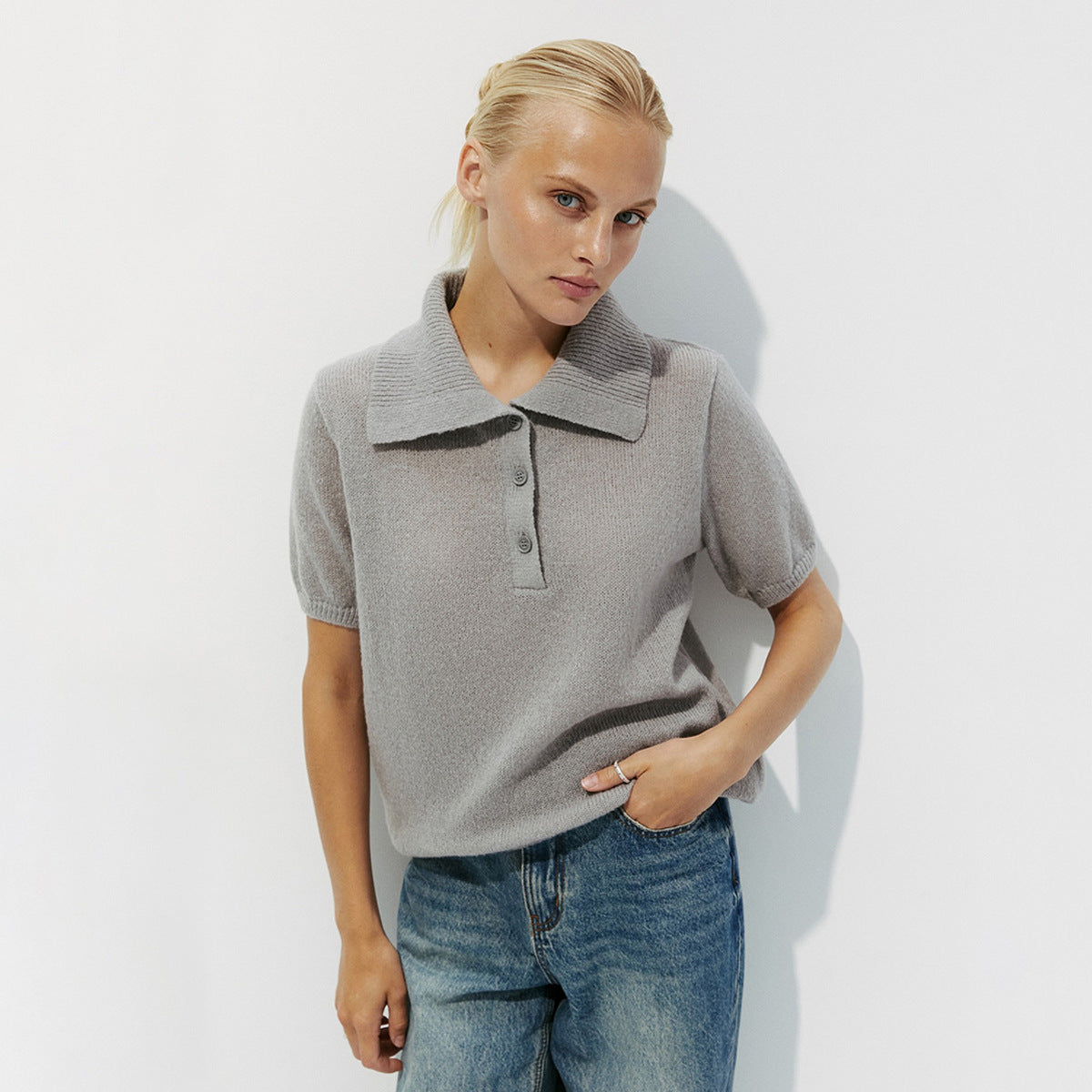 Women’s Spring Summer Mohair Knit T-Shirt Sweater – Short Puff Sleeve Polo Collar Lightweight Top