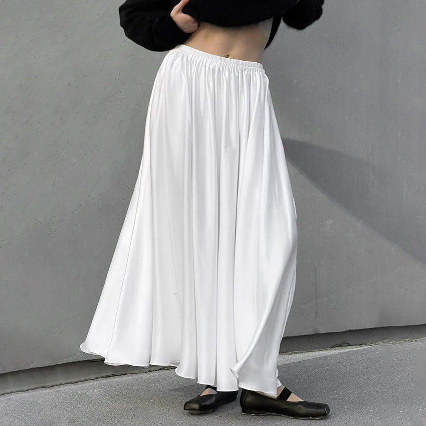 Women's White Satin High-Waist Elastic Waistband Midi Skirt