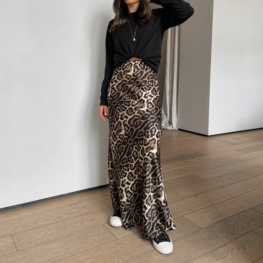 Women's Vintage Satin Sexy Leopard Print Casual Midi Skirt