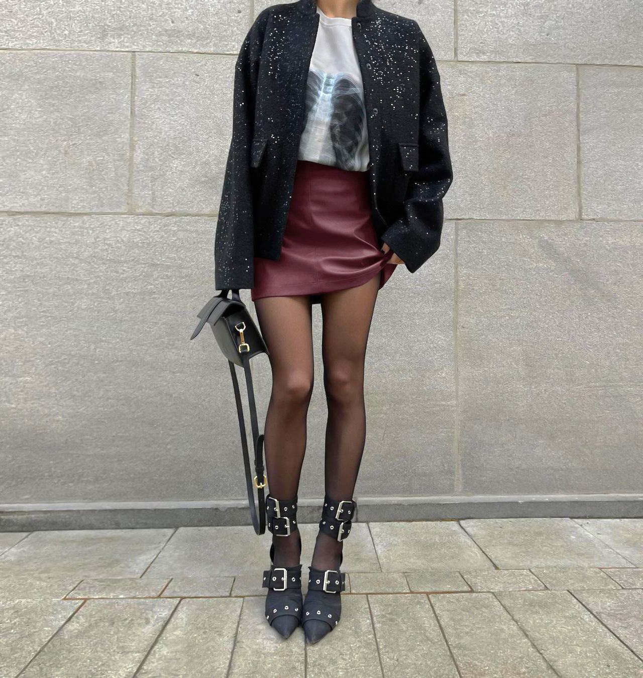 Women's Vintage Burgundy Fleece-Lined Matte PU Leather High-Waist Skirt