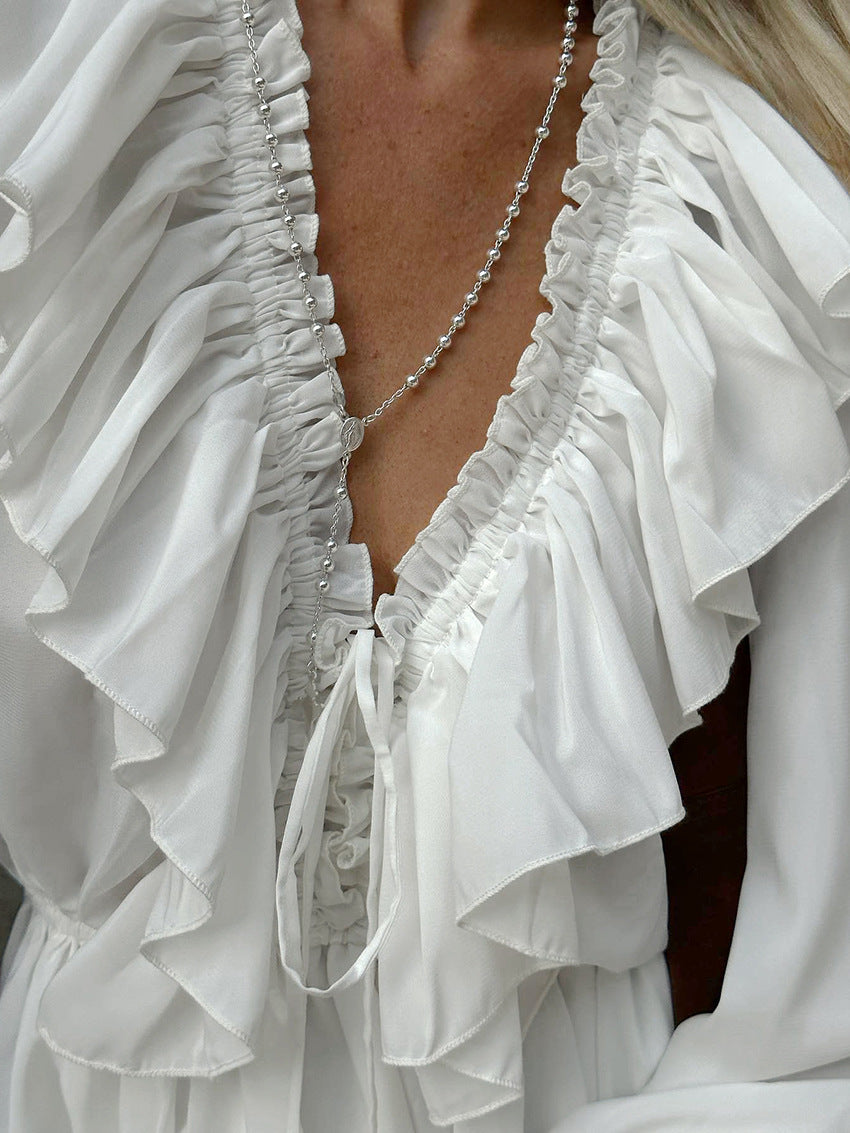 Women's Fashion White Chiffon Sexy Slim V-neck Ruffle Long Sleeve Tie Dress