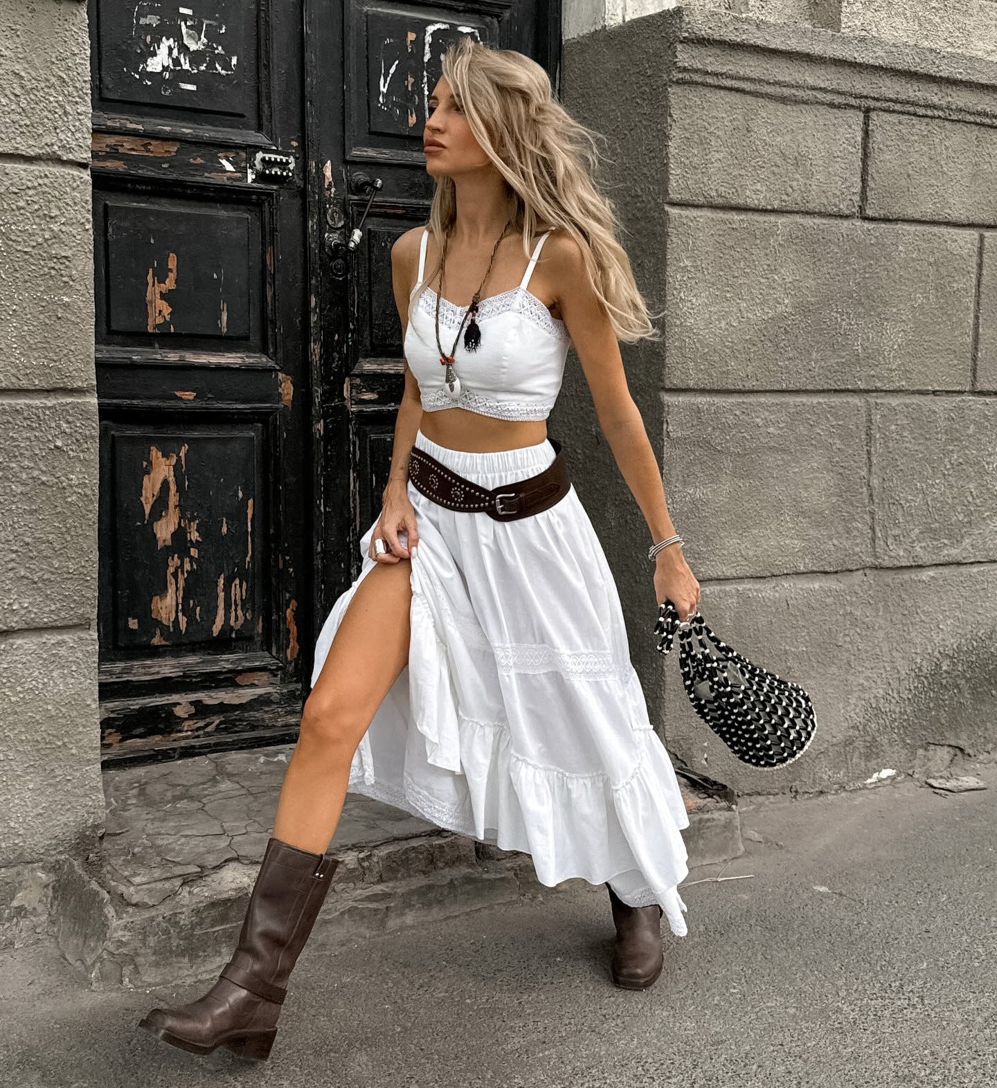 Women's Spring and Summer White Cotton Spaghetti Strap Square Neck Short Top and Mid-Waist Split Skirt Two-Piece Set