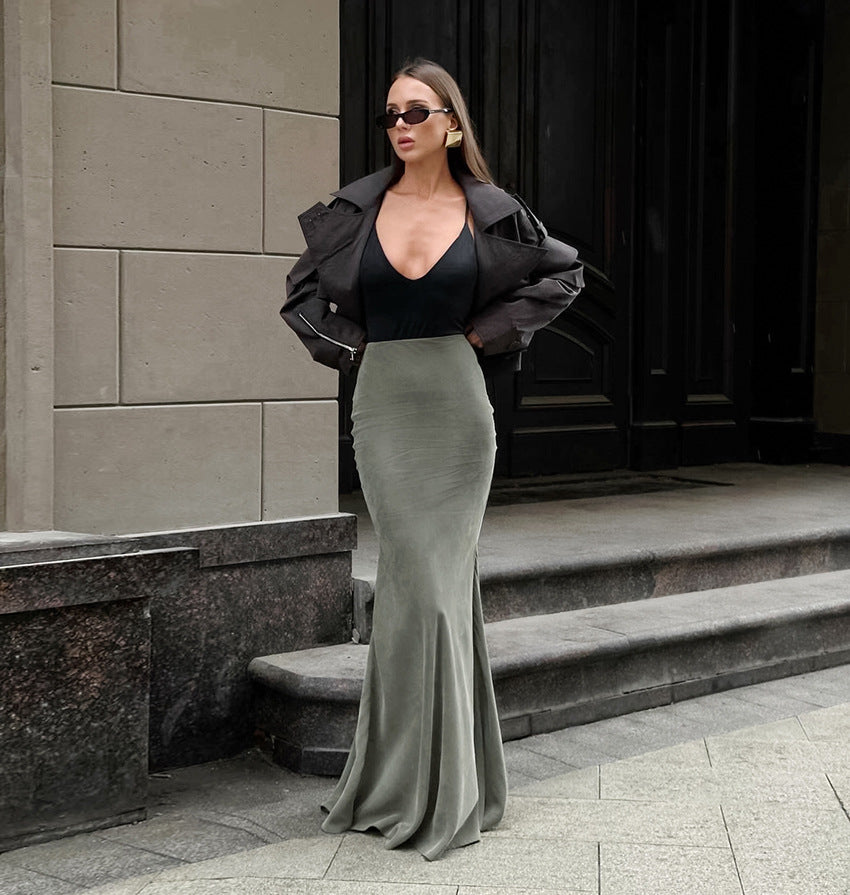 Women's Fashion Silver Fox Velvet High-Waisted Bodycon Fishtail Skirt