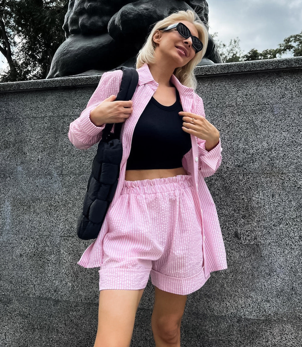 Women's Casual Pink Striped Collared Long Sleeve Shirt & High Waist Shorts Set