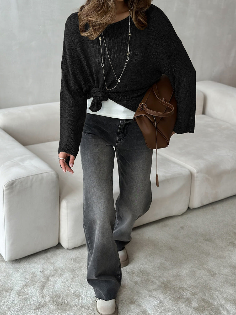 Women's Spring Summer Solid Color Knit Sweater – Loose Fit Long Sleeve Pullover with Hollow-Out and Draped Hem