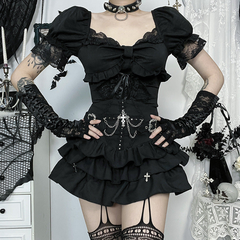 Women's Gothic Sexy Hot Girl Cross Pleated Miniskirt