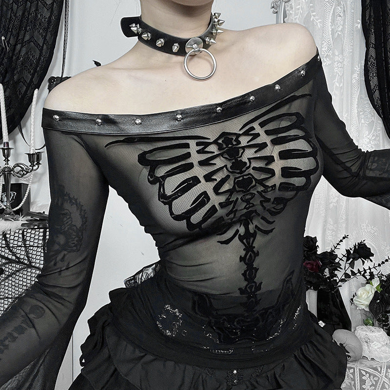 Women's Sexy Gothic Flocked Skull Print Top