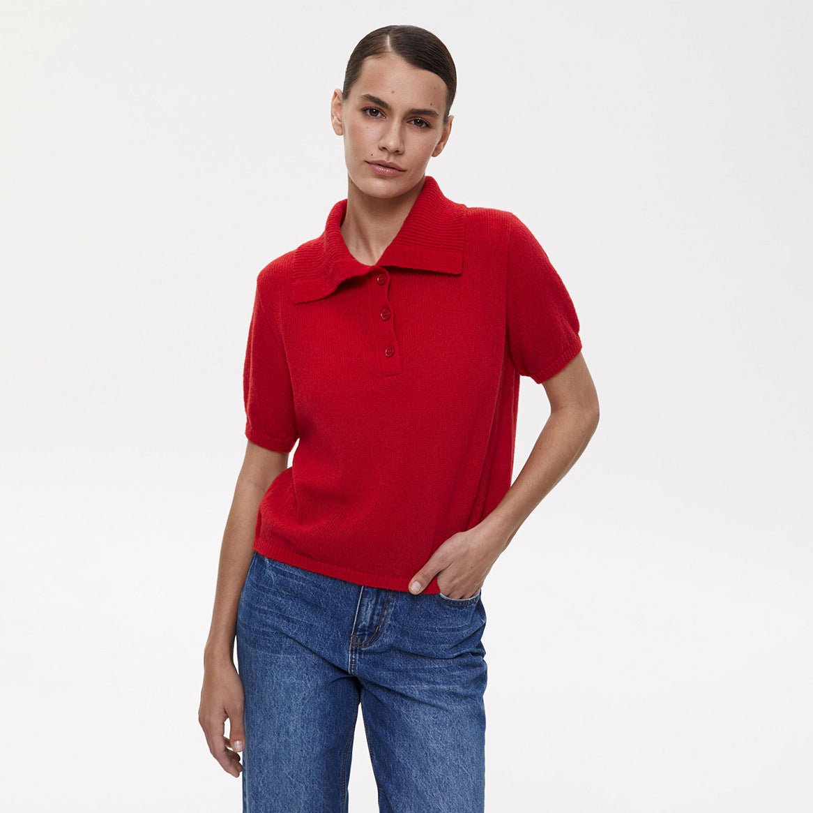 Women’s Spring Summer Mohair Knit T-Shirt Sweater – Short Puff Sleeve Polo Collar Lightweight Top