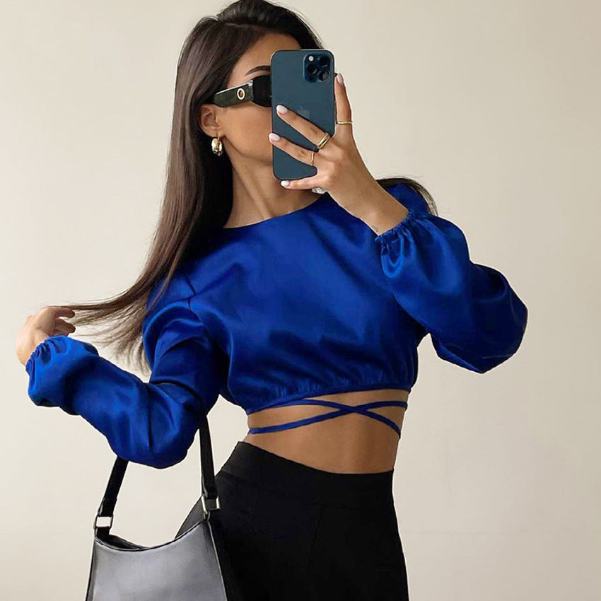 Satin Cropped Long Sleeve Top