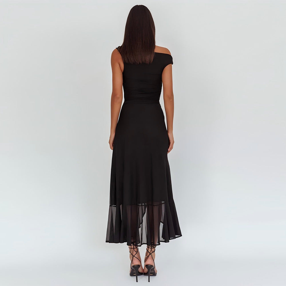 Summer Women's Solid Color Asymmetrical Neck Ruffled Split Waist Slim Dress