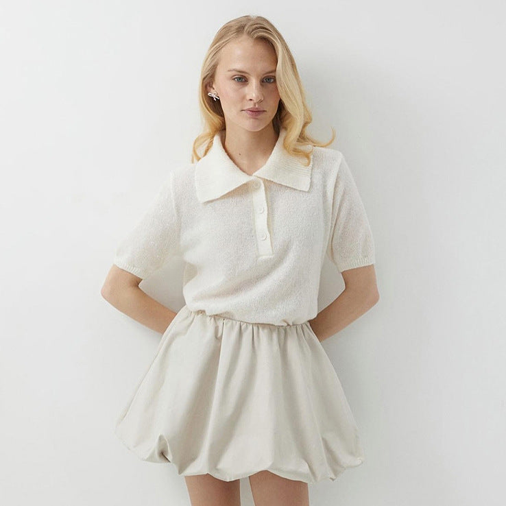 Women’s Spring Summer Mohair Knit T-Shirt Sweater – Short Puff Sleeve Polo Collar Lightweight Top