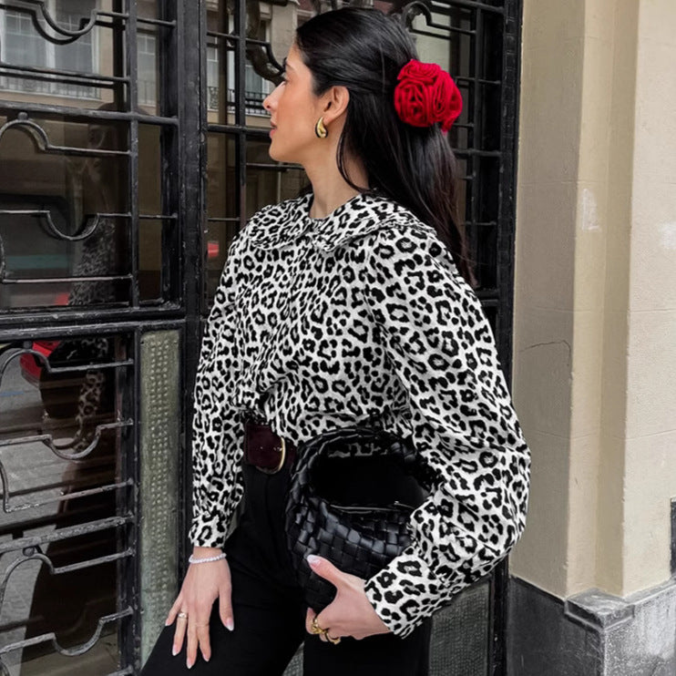 Women's Leopard Print Cotton Turn-Down Collar Shirt