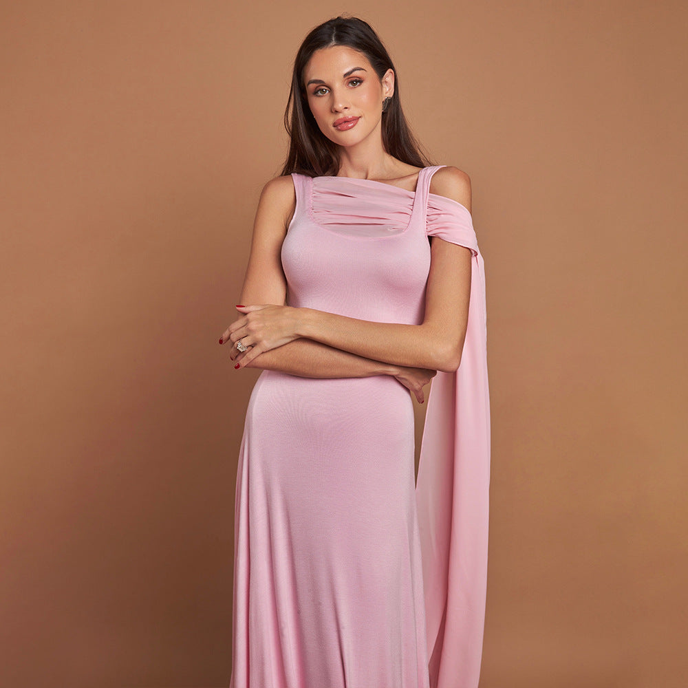 Women's Solid Color Puff Sleeve Pleated Maxi Dress with Asymmetrical Square Neck and Flowing Tie Detail