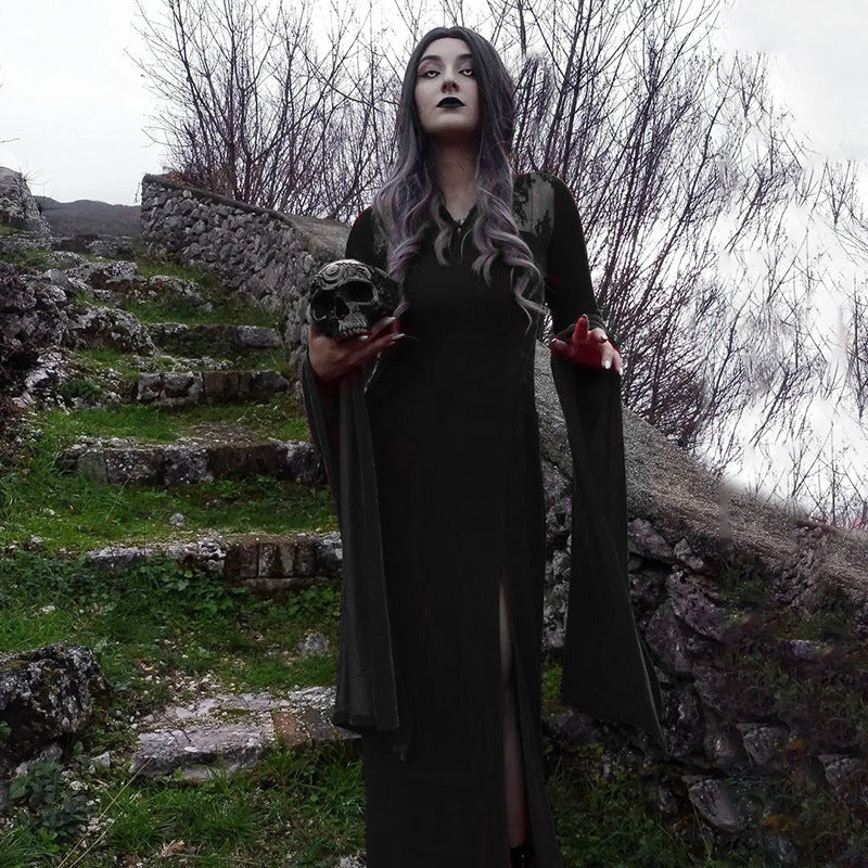 Gothic Contrast Lace Solid Dress, Gothic Flared Sleeve Maxi Halloween Dress