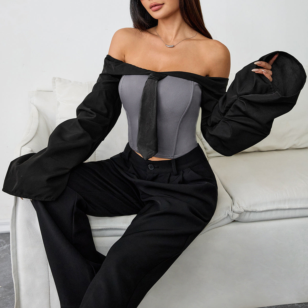 Women’s Sexy Long Sleeve Tie-Front Corset Top – Fitted Bustier Short Blouse