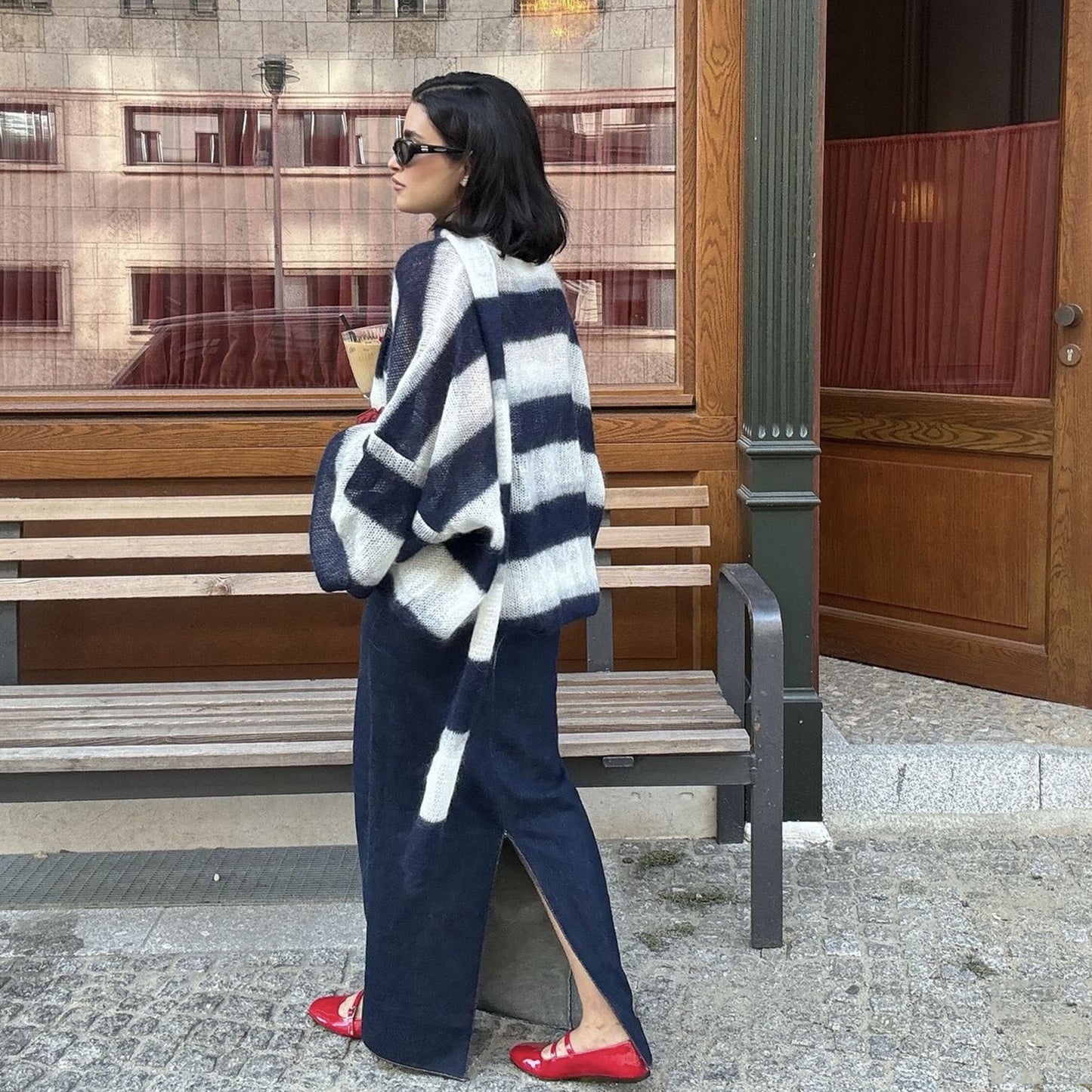 Women's Loose Striped Knit Cardigan with Scarf