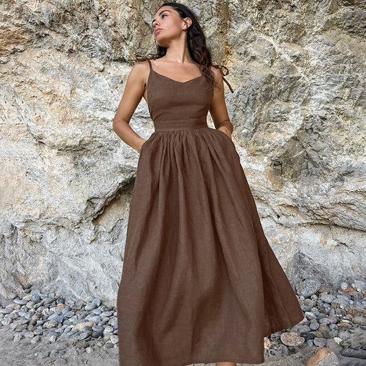 Fashionable and Comfortable Holiday Dress: Elegant French Khaki Color Midi Dress in Cotton Linen Material