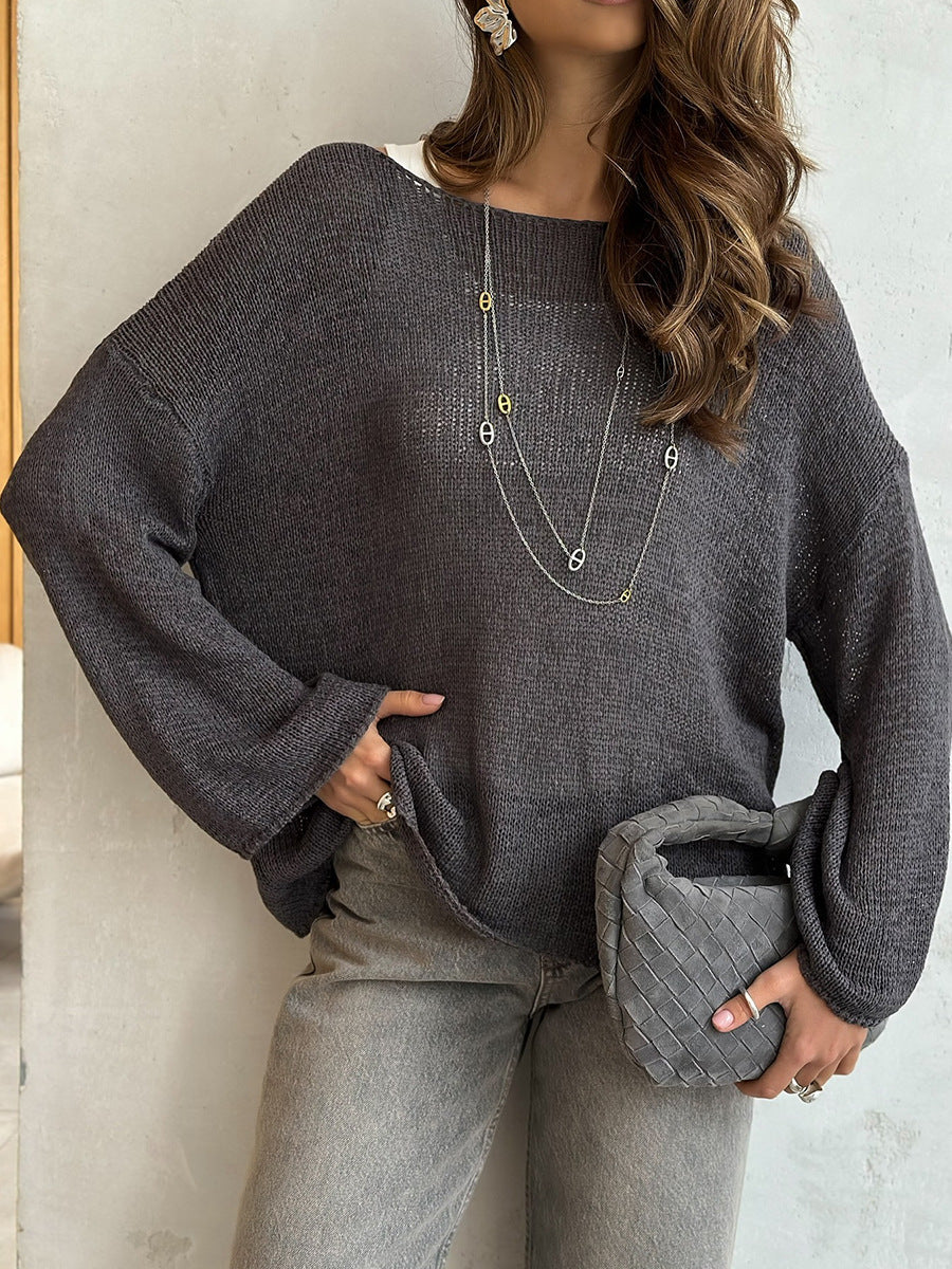 Women's Spring Summer Solid Color Knit Sweater – Loose Fit Long Sleeve Pullover with Hollow-Out and Draped Hem