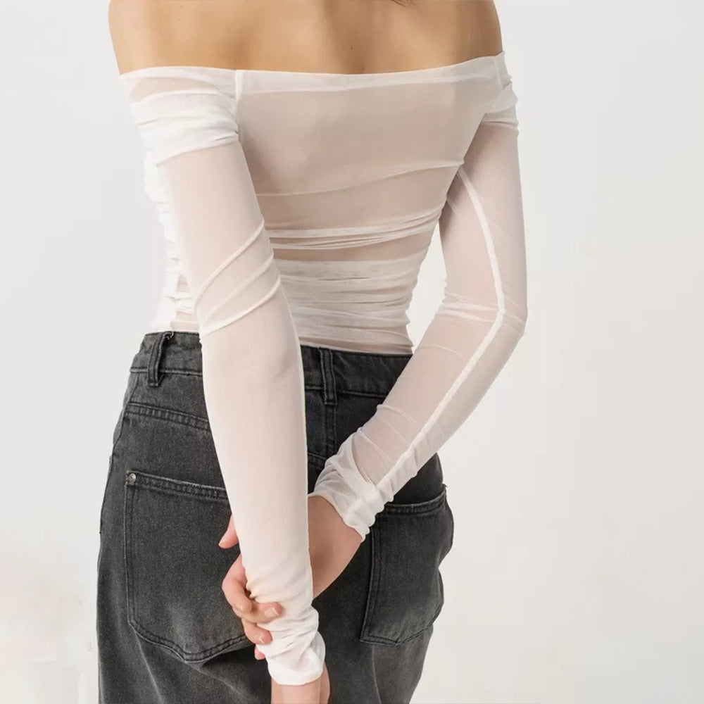 Summer Women's Fashion Off-Shoulder Sheer Mesh Ruched Top