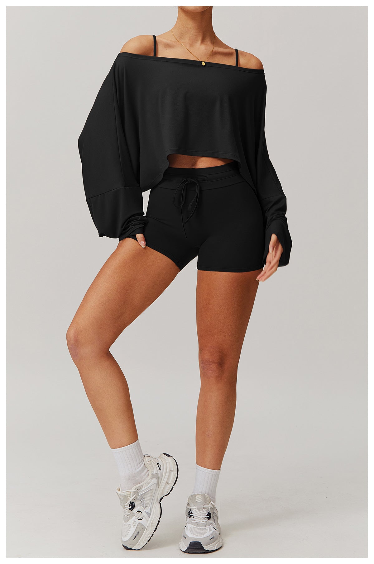 Women's Off-Shoulder Batwing Sleeve Fitness Top – Summer Long Sleeve Yoga Pullover