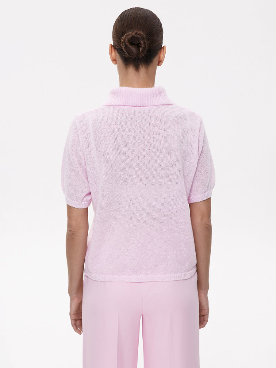 Women’s Spring Summer Mohair Knit T-Shirt Sweater – Short Puff Sleeve Polo Collar Lightweight Top