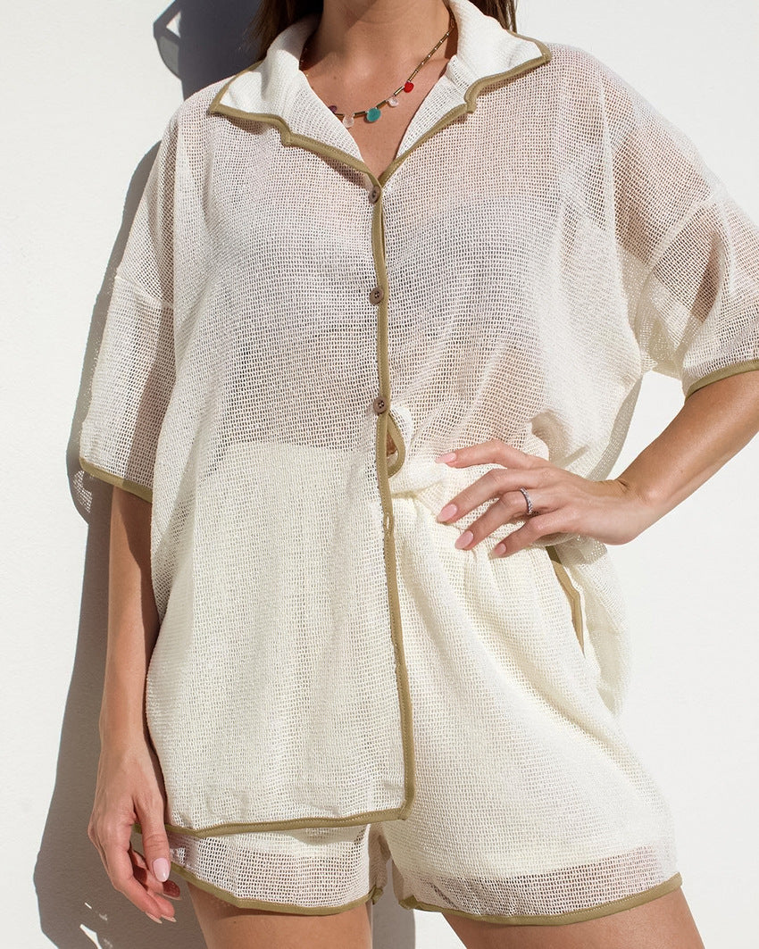Summer Women's Sexy Sheer Color Block Short Sleeve Shorts Set
