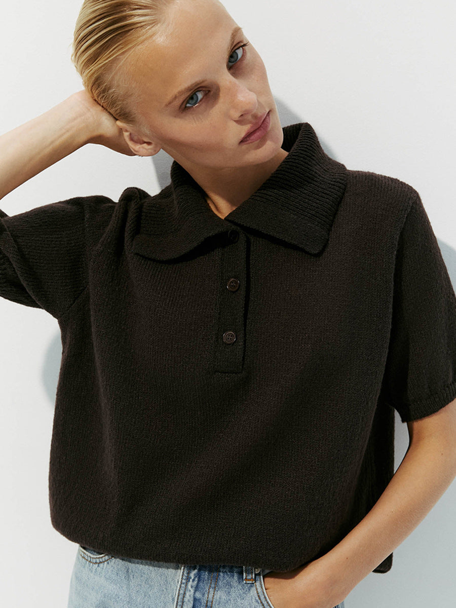Women’s Spring Summer Mohair Knit T-Shirt Sweater – Short Puff Sleeve Polo Collar Lightweight Top