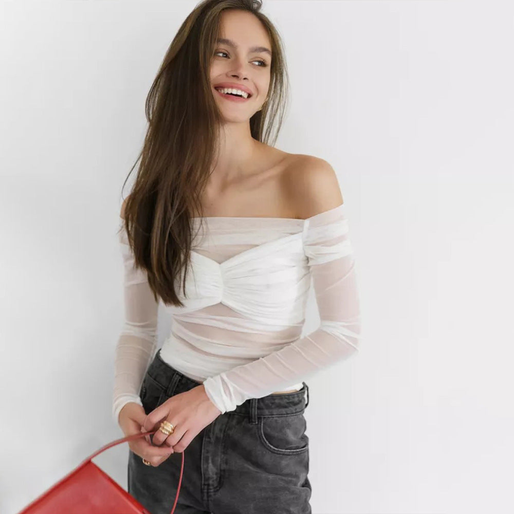 Summer Women's Fashion Off-Shoulder Sheer Mesh Ruched Top