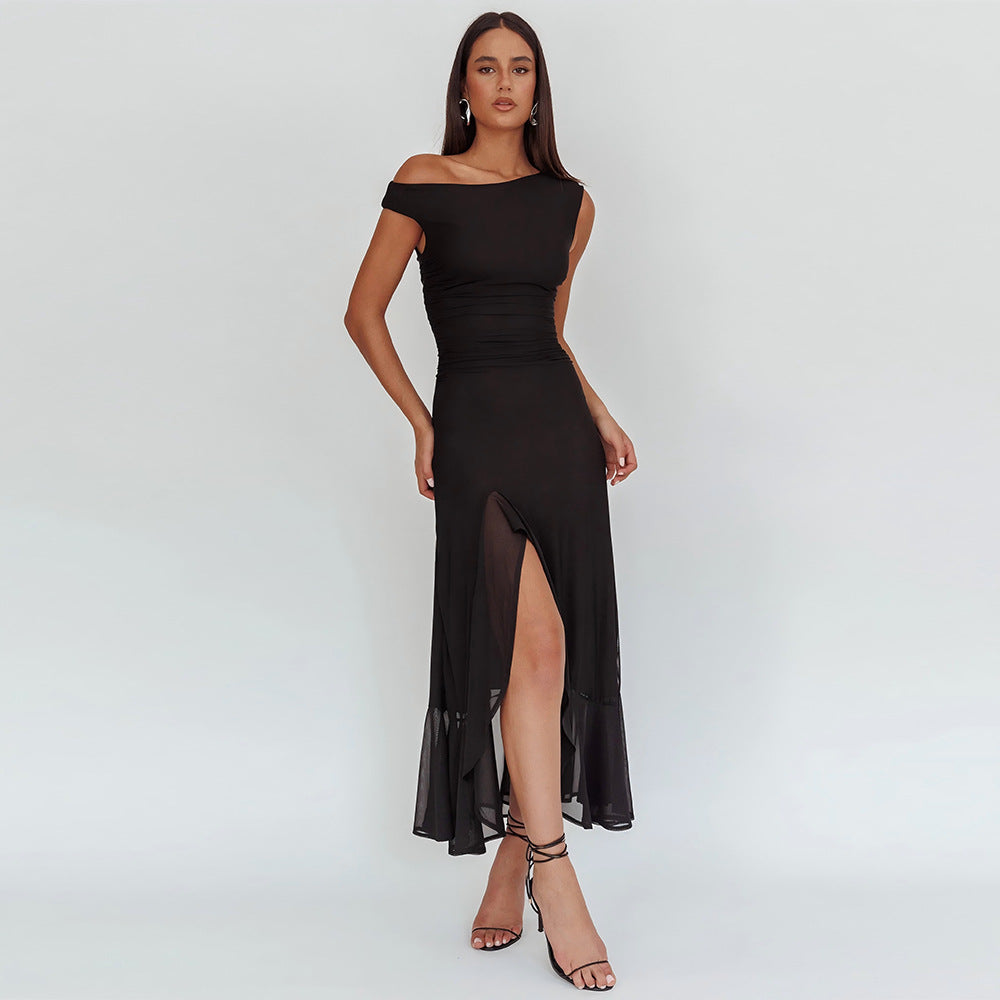 Summer Women's Solid Color Asymmetrical Neck Ruffled Split Waist Slim Dress