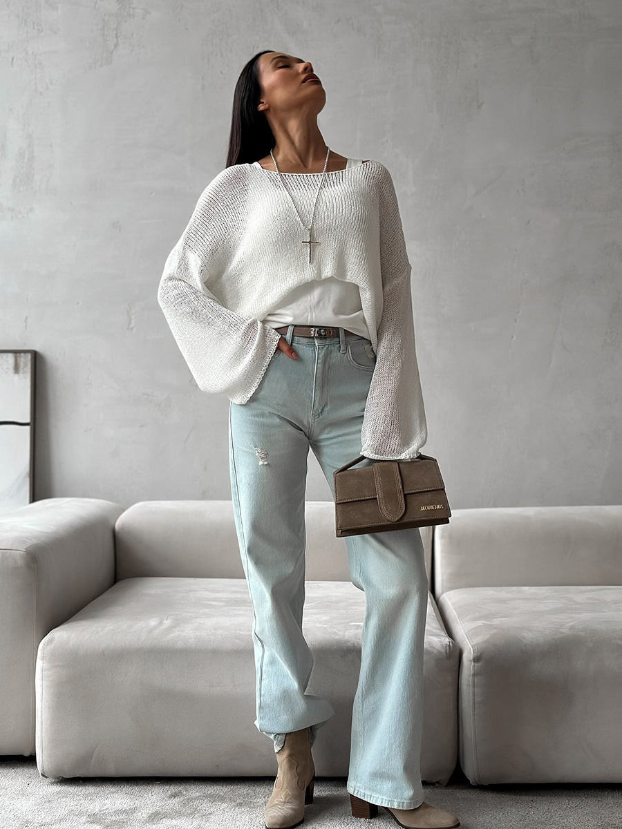 Women's Spring Summer Solid Color Knit Sweater – Loose Fit Long Sleeve Pullover with Hollow-Out and Draped Hem