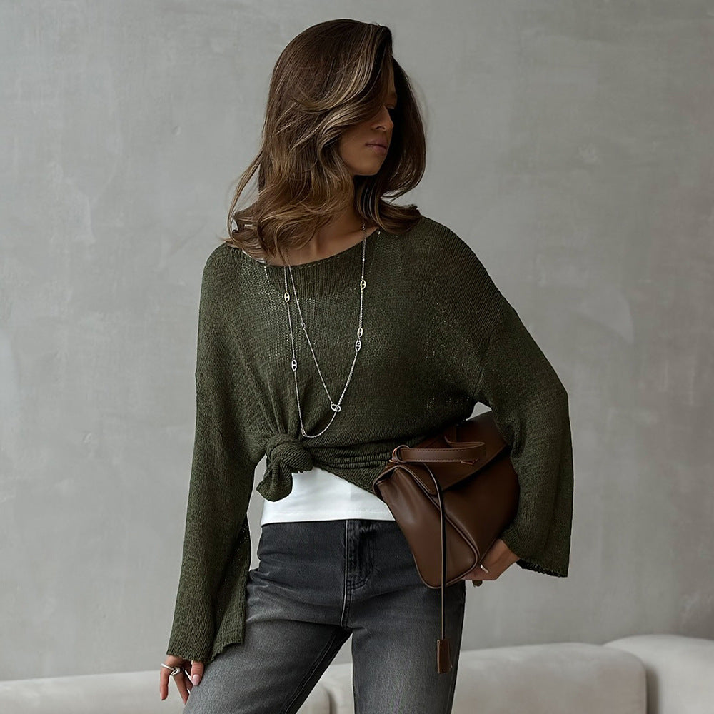 Women's Spring Summer Solid Color Knit Sweater – Loose Fit Long Sleeve Pullover with Hollow-Out and Draped Hem