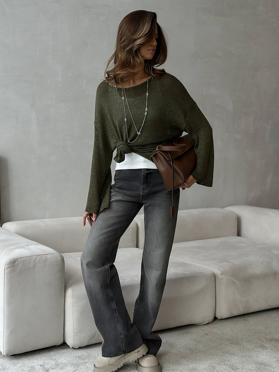 Women's Spring Summer Solid Color Knit Sweater – Loose Fit Long Sleeve Pullover with Hollow-Out and Draped Hem