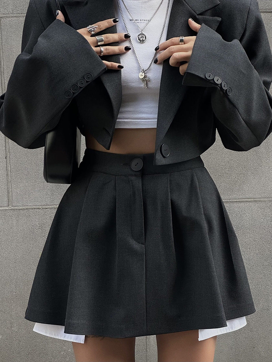 Fashion Sexy Blazer Mini Skirt Set, Shoulder Pad Blazer + Ultra-Short Pleated Skirt